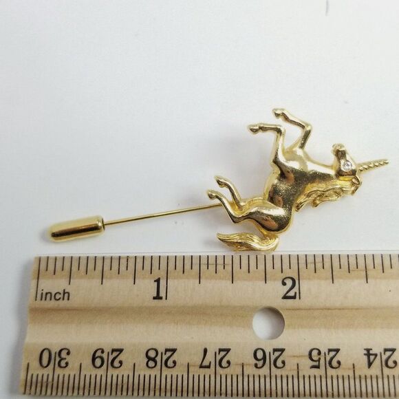 Vintage Unicorn Stick Pin, Gold Tone Rhinestone Eye Magical Creature Brooch - Picture 5 of 7